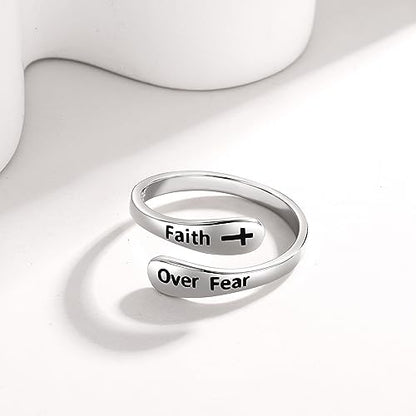 STROLLGIRL 925 Sterling Silver Faith over Fear Ring Faith Religious Jewelry Quote Ring Friend Daughter Gifts
