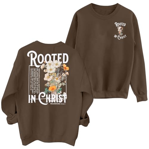 Women Christian Sweatshirt Rooted in Christ Shirts Jesus Boho Faith Clothes - color: Brown, size: Large