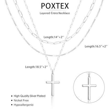 Poxtex Layered Gold Necklaces for Women, Stackable Dainty 14K Gold Silver Plated Trendy Simple Heart Diamond Cross Bow Circle Pendant Paperclip Choker Dot Chain Necklace,Jewelry Set Gifts for Women - color: Silver, style: Cross1