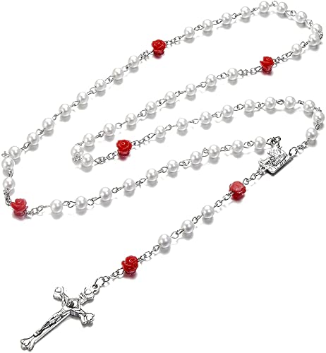 SZQCZB Rosary Beads Catholic Necklace Holy Soil Medal Cross Crucifix with Metal Box and 18pcs Prayer Cards - color: White