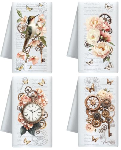 CUTHOLLOW 4Pcs Vintage Gear and Flower Kitchen Towels Cute Tea Towels - color: Vintage Gear and Flower