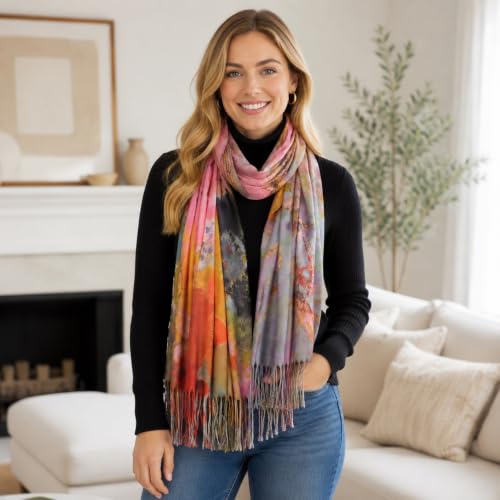 Umjetnost Soft Cashmere Feel Scarf For Women Winter Warm Scarves Large Shawl Wrap Monet Van Gogh Art Print - color: C03 Pink&gray