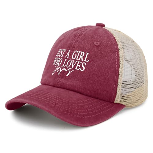 JUSTS A Girls WHO Loves Jesus Hats for Women Aesthetic Washed Distressed - color: Deep Rose