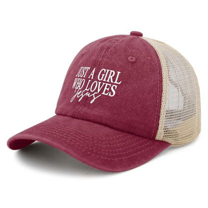 JUSTS A Girls WHO Loves Jesus Hats for Women Aesthetic Washed Distressed - color: Deep Rose
