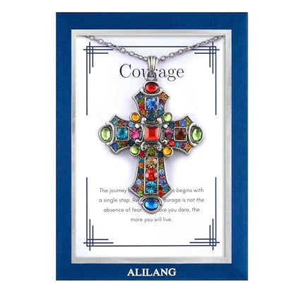 Alilang Silver Tone Stained Glass Rhinestone Patonce Cross Pendant Necklace with Religious Message Card & Envelope Christian Jewelry - style: Courage Journey