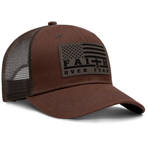 Faith Over Fear Christian Hats for Men Women, American Flag Trucker Hat, Religious Gifts for Thanksgiving Christmas - color: Brown
