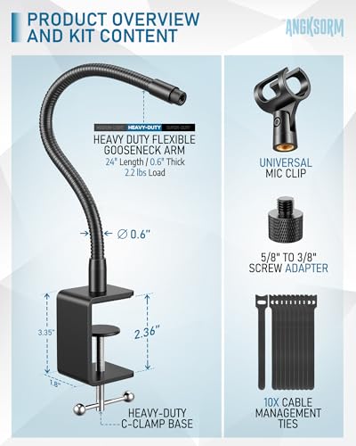 KC32 24-Inch Gooseneck Mic Stand, Heavy-Duty Desk Clamp for Podium - size: 24-INCH