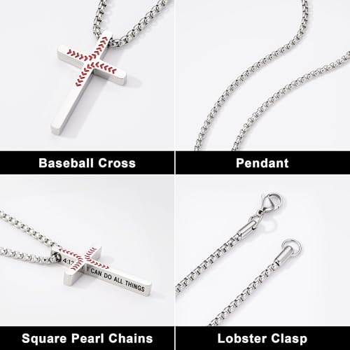 Yoosteel Baseball Cross Necklaces for Boys Kids,2 Pcs Necklace Jewelry Gift - color: 20 inch 2 Pcs Black+Silver-Plated