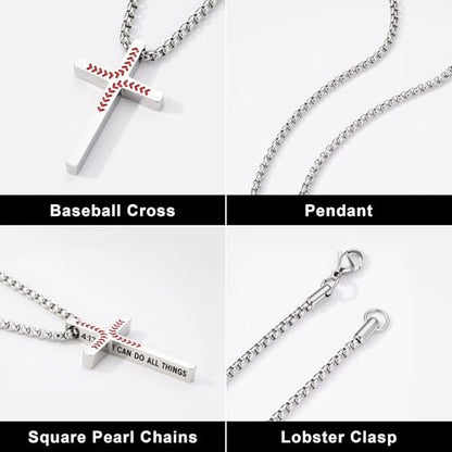 Yoosteel Baseball Cross Necklaces for Boys Kids,2 Pcs Necklace Jewelry Gift - color: 22 inch 2 Pcs Black+Silver-Plated