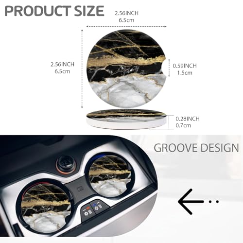 Cup Holder for Car,Black Gold Marble Print Ceramic Coasters Non-Slip Cup Holder Insert with Fingertip Grip, Auto Interior Accessories for Women & Men,Pack of 2, 2.56In - color: Black Gold Marble
