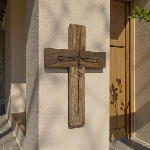 Handmade Mango Wood Cross Wall Decor 12x18 Inch Natural Finish with Faith Laser Burnt Design Rustic Wooden Christian Cross for Farmhouse Wall Hanging Religious Home Church