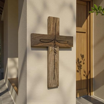 Handmade Mango Wood Cross Wall Decor 12x18 Inch Natural Finish with Faith Laser Burnt Design Rustic Wooden Christian Cross for Farmhouse Wall Hanging Religious Home Church