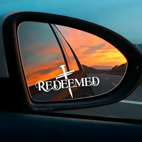 Set 2 Pcs Redeemed Rearview Mirror Decal Trust in God Stickers Christian Bible Inspiration Sticker Water Bottle Window Vinyl Waterproof 3x1,6 inch Car Decals Vinyl Sticker for Car - color: Redeemed Three Nails Cross