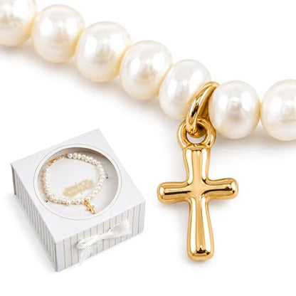 Mud Pie Pearl Cross Bracelet for Girls, Baby Baptism Bracelet With Gift Box