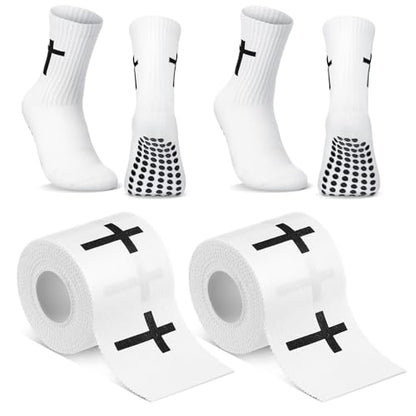 TrelaCo 2 Sets Cross Grip Socks with 2 Pcs Christian Athletic Tape Jesus Soccer Grip Socks Cotton Sports Athletic Tape Serrated Edges for Easter Gifts Football Baseball(White,Cross) - color: White