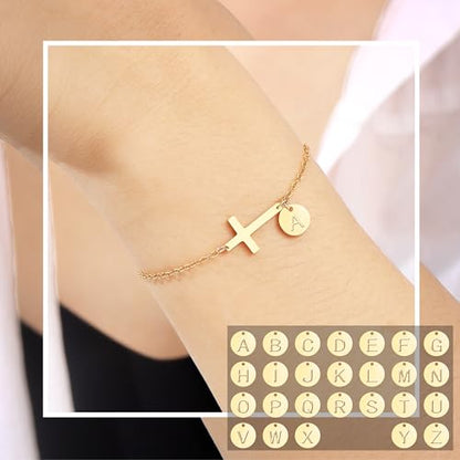 Stocking Stuffers for Teens Women, Cross Bracelet for Women Graduation Gift Dainty Cross Bracelet with Initials Christian Gifts for Women Teen Girl Gift Confirmation Baptism Religious Jewelry Birthday Mothers Day Gifts - color: Gold - N