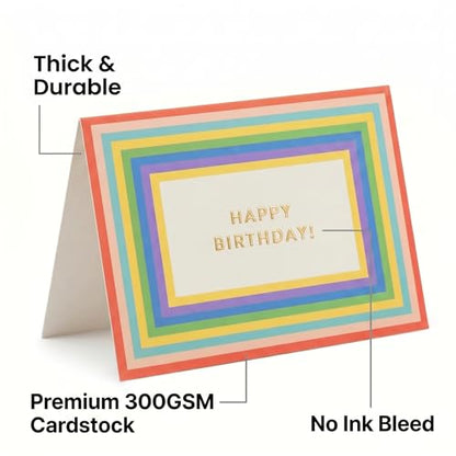 100 Pack Birthday Cards Bulk with Envelopes & Stickers, Large 5x7 Assorted Happy Birthday Cards, 300gsm Thick Cardstock, Gold Foil Designs, Blank Inside, Storage Box Included