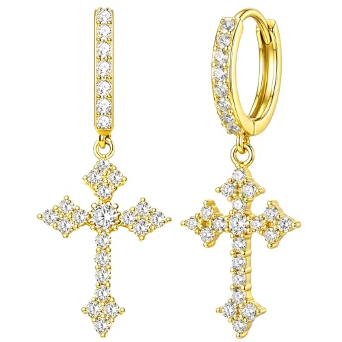 NEWITIN CZ Cross Earrings for Men Women 14K Gold Plated Huggie Hoop Earring - color: Gold A