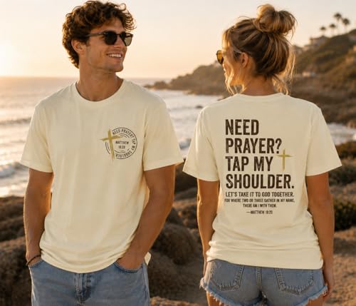 Christian Shirts for Men Women Need Prayer Tap My Shoulder Shirt Christian Religious Faith Bible Verse Cross Shirt - color: Creamy Yellow, size: Small