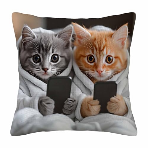 Cozy Pet Throw Pillow Cover,Cute Kittens Using Phones Decorative Pillow Case,Funny Cat Lover Cotton Linen Cushion Case for Home Decor 18 * 18 Inch - color: Settype12