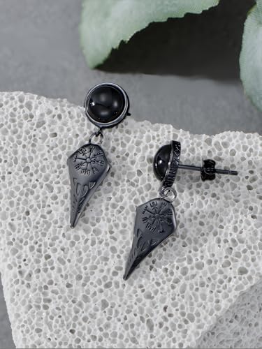 Black Dangle Drop Earrings 925 Sterling Silver Black Onyx Stud Earrings Viking Rune Jewelry Gift for Women Men - color: A05-Crow Skull