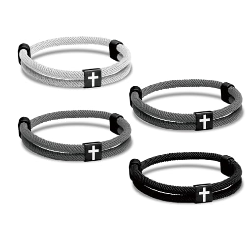 4Pcs WWJD Bracelets, Cross Bracelet for Men, Adjustable Braided Christian Bracelet for Men. Fashion Jesus Bracelets. Christian Gifts for men - color: Black, white, and gray