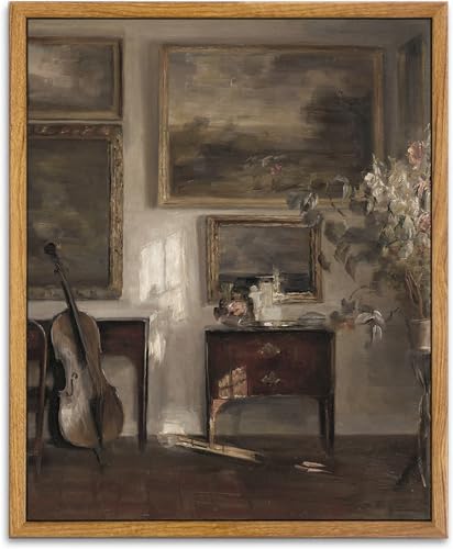 KBKBART Framed Canvas Wall Art, Moody Still Life Interior Cello Paintings - color: Antique Room, size: 10"L x 8"W