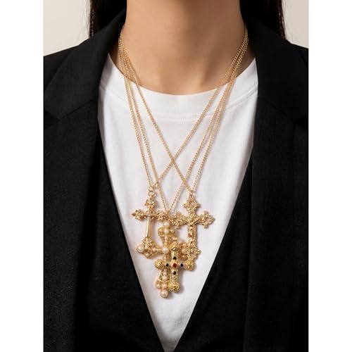 Layered Cross Necklace Silver Set for Women, 4-Piece Chunky Pearl Cross Stack Christian Necklaces, Adjustable Vintage Long Y Boho Gothic Statement Jewelry Gift - style: Gold 1-4Pcs