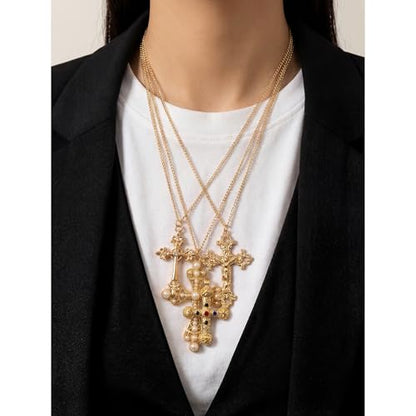 Layered Cross Necklace Silver Set for Women, 4-Piece Chunky Pearl Cross Stack Christian Necklaces, Adjustable Vintage Long Y Boho Gothic Statement Jewelry Gift - style: Gold 1-4Pcs