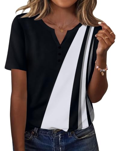 Zeagoo Womens Summer Tops Casual Short Sleeve V Neck T Shirts Dressy Blouse - color: Black White-jh540, size: Medium