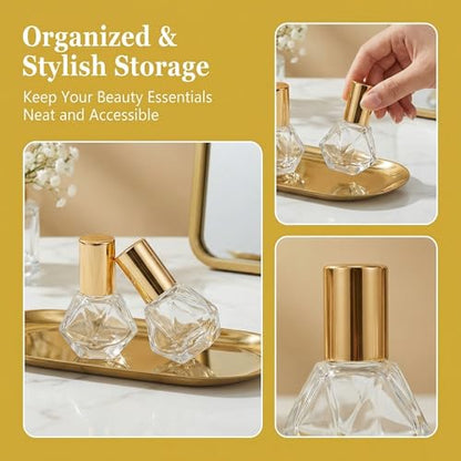 2PCS Anointing Oil Bottles Mini Clear Glass Roller Bottle 8ml/0.27oz with Stainless Steel Ball and Gold Cap Empty Small Roll On Container for Essential Oils Perfume Fragrance Kit