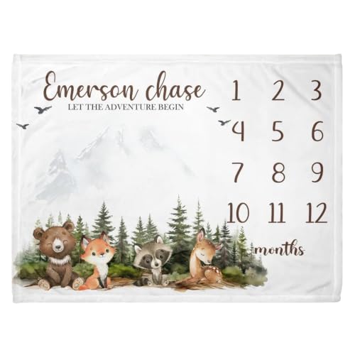 Woodland Animals Blanket, Mountains Personalized Infant Boy Name Pine Trees Forest Bear Fox Raccoon Deer Bunny Owl - color: Forest Blanket #10