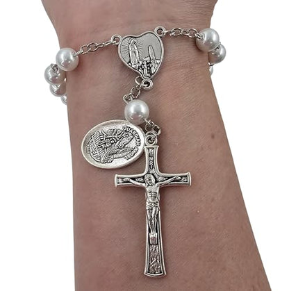 TALISMAN4U St. Michael Guardian Angel Medal Rosary for Car Rearview Mirror - color: White Rosary Beads