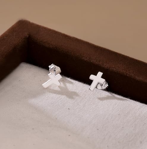 Reffeer Solid 925 Sterling Silver Cross Stud Earrings for Women Teen Small Cross Earrings Studs - color: A-Silver