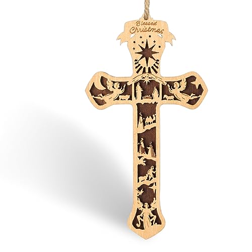 Creawoo Nativity Cross Christmas Story Ornament, Religious Holy Family Present for Family Friends and Christian, Wooden Nativity Scene Decoration for Xmas Tree - color: Nativity Cross