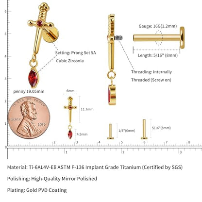 FINE4U 1PC ASTM F136 Titanium Sword Piercing Jewelry for Conch, Tragus, Helix 16G 8mm, Implant Grade Hypoallergenic Flatback Stud - color: Dagger - Gold