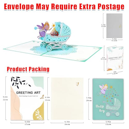 GREETING ART Welcome New Baby Boy Card, Baby Shower Card for Boy, New Baby Stroller Congratulations Cards - color: Baby Stroller Blue