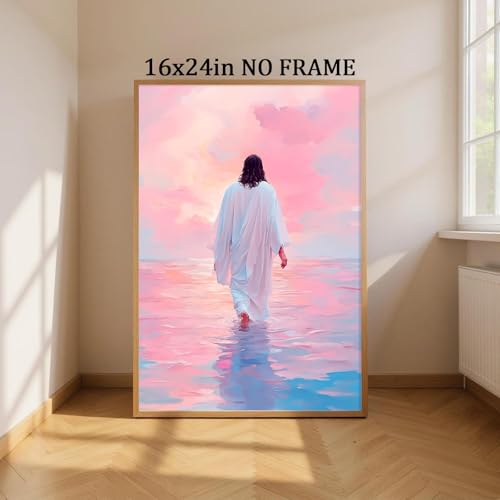Oiyehokeul Pink Jesus Walking on Water Wall Art God Poster 16x24in No Frame - color: A5Unframed