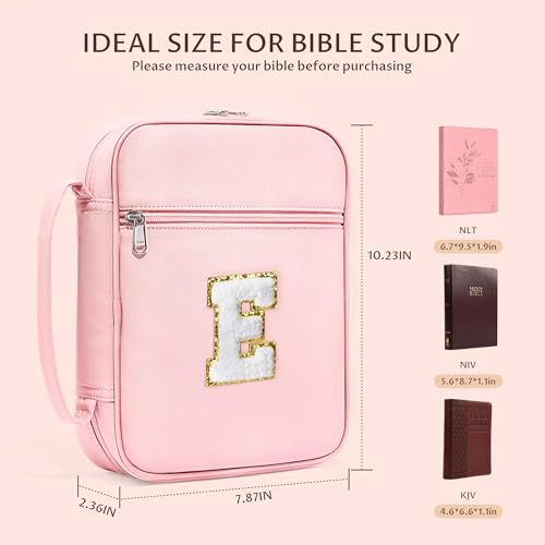 WOBAGMEN Bible Cover for Women,Pink PU Leather Personalized Bible Case with Bible Study Supplies,Including Tabs and Highlighter Set, Faith Chiristain Gift for Women Girls(Pink, E) - size: E