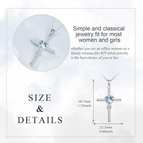 S925 Sterling Silver Cross Necklace for Women Birthstone Necklace Heart Infinity Cross Pendant Necklace Christmas Valentines Day Gifts Birthday Holiday Gifts for Her, 18"+2" Inches - color: 03-Mar Birthstone - Aquamarine