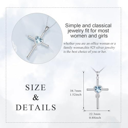 S925 Sterling Silver Cross Necklace for Women Birthstone Necklace Heart Infinity Cross Pendant Necklace Christmas Valentines Day Gifts Birthday Holiday Gifts for Her, 18"+2" Inches - color: 03-Mar Birthstone - Aquamarine