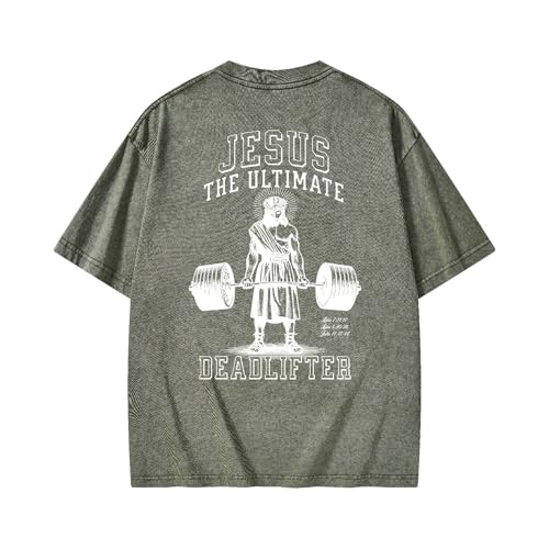 Christian Deadlift Shirts for Men Women Oversized Acid Washed Graphic Tees Jesus Faith GymTee - color: Army Green, size: 4X-Large