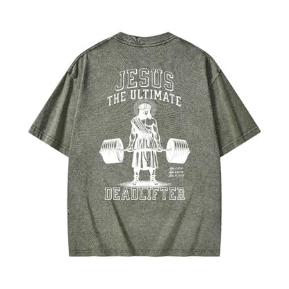 Christian Deadlift Shirts for Men Women Oversized Acid Washed Graphic Tees Jesus Faith GymTee - color: Army Green, size: X-Large