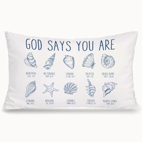 Blue Coastal Beach Christian 12x20 Pillow Cover, God Says You are Ocean Seashell Bible Verse Decorative Throw Pillow Covers Pillowcases for Home Bedroom Living Room Decor - color: Bible - Seashell (White01)