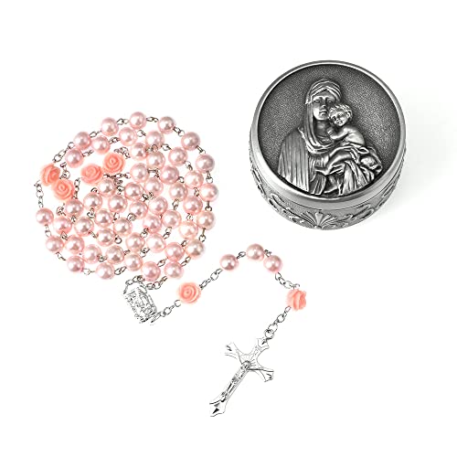 Rosary Beads for Women With Box, Blue Crystal Catholic Necklace, Last Supper Vintage Jewelry Box, Anglican Prayer Beads Christian Gifts - color: Pink Rose + Madonna & Child Rosary Box