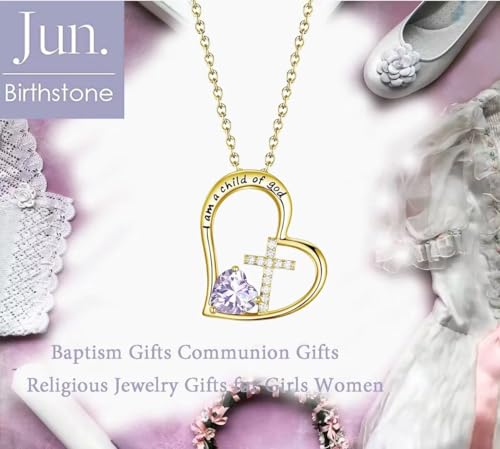 Birthstone Cross Necklace for Girls, Child of God Cross Gifts Jewelry - color: 06. June, style: 02. Yellow color
