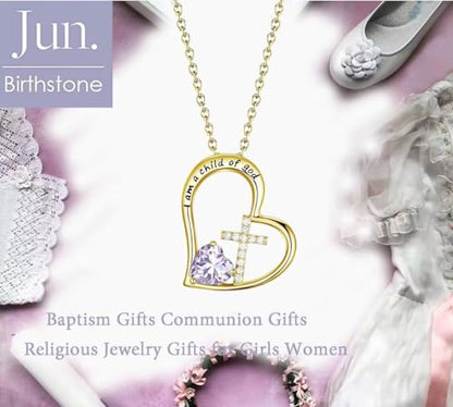 Birthstone Cross Necklace for Girls, Child of God Cross Gifts Jewelry - color: 06. June, style: 02. Yellow color