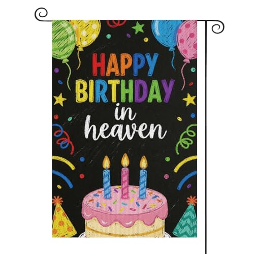 Cemetery Decorations for Grave, Happy Birthday in Heaven Garden Flags for Outdoor, Fun Balloon Cake Cemetery Funeral Memorial Banner for Farmhouse Decorations Supplies - color: Black