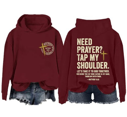 Christian Hoodies for Men Religious Faith Need Prayer Tap My Shoulder Shirt - color: Claret, size: Large