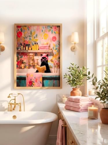 LBTZEVIR Funny Black Cat Bathroom Wall Art Framed Cat Canvas Wall 12x16 in - color: Pink Cat, size: 16"L x 12"W